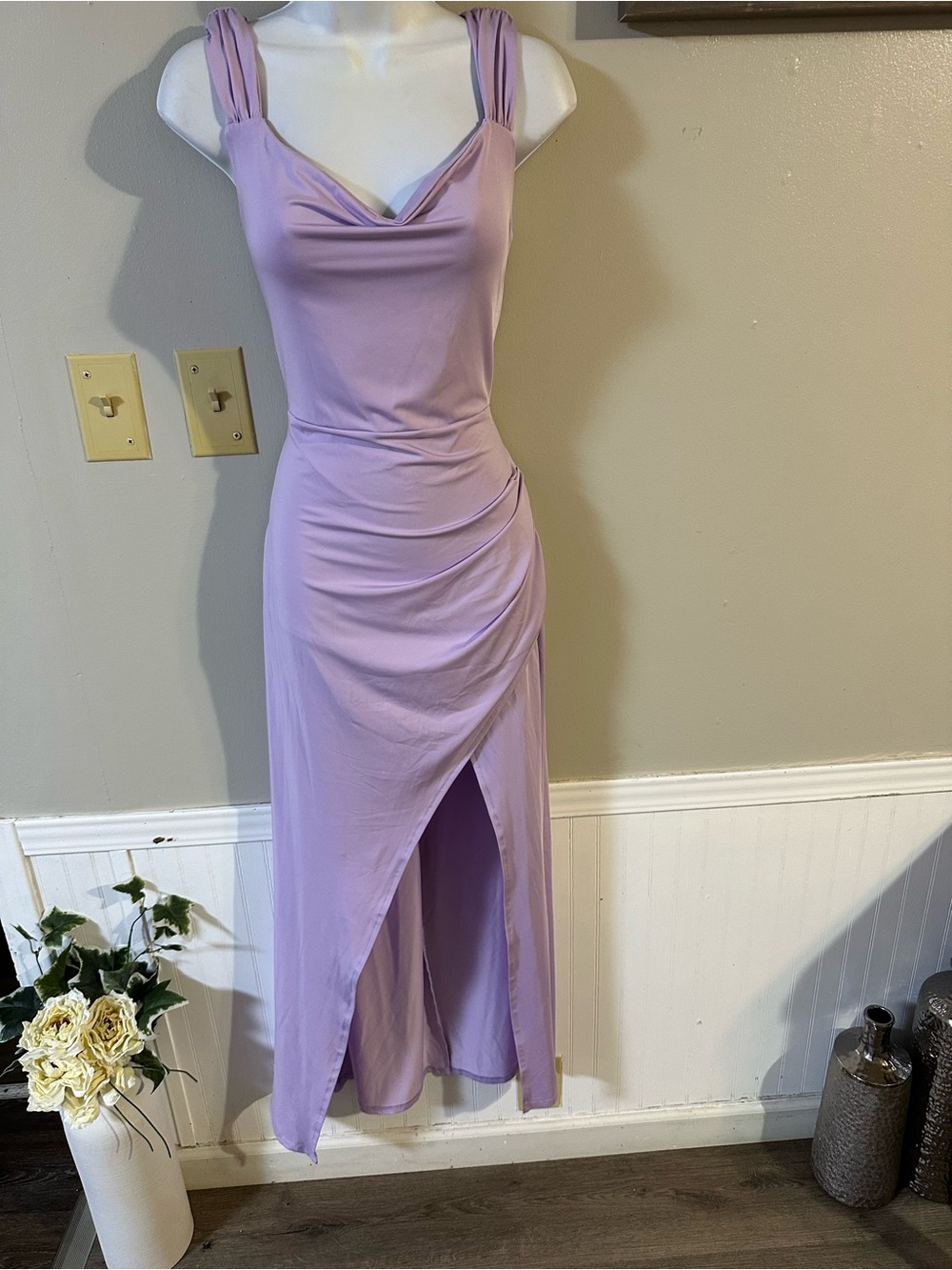Lilac Cowl-Neck Maxi Dress with Front Slit